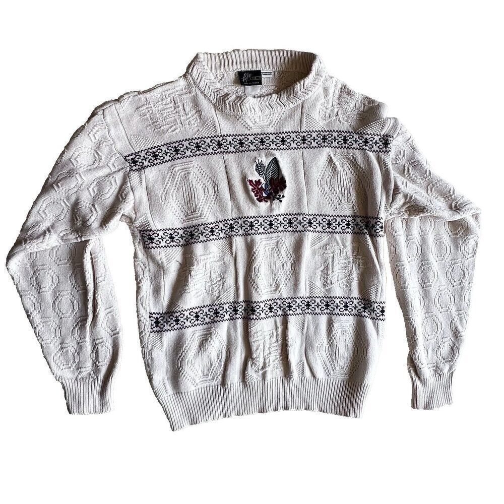 Vintage Beige Brown bohemian women chic sweater Cardigan pullover leave leaf  S.